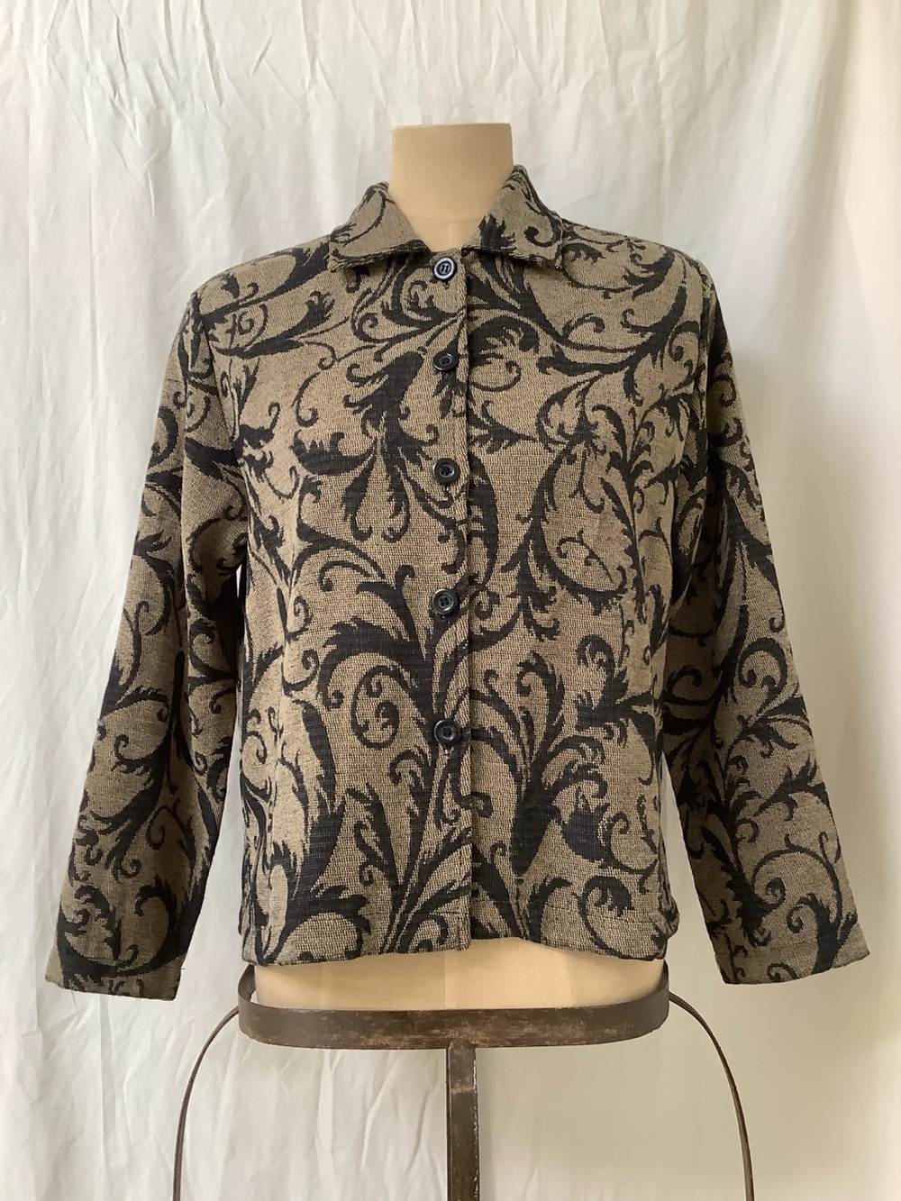 Erin London Blouse Shirt Top-Tan with Black Paisley Pattern-Raised Fabric-PS